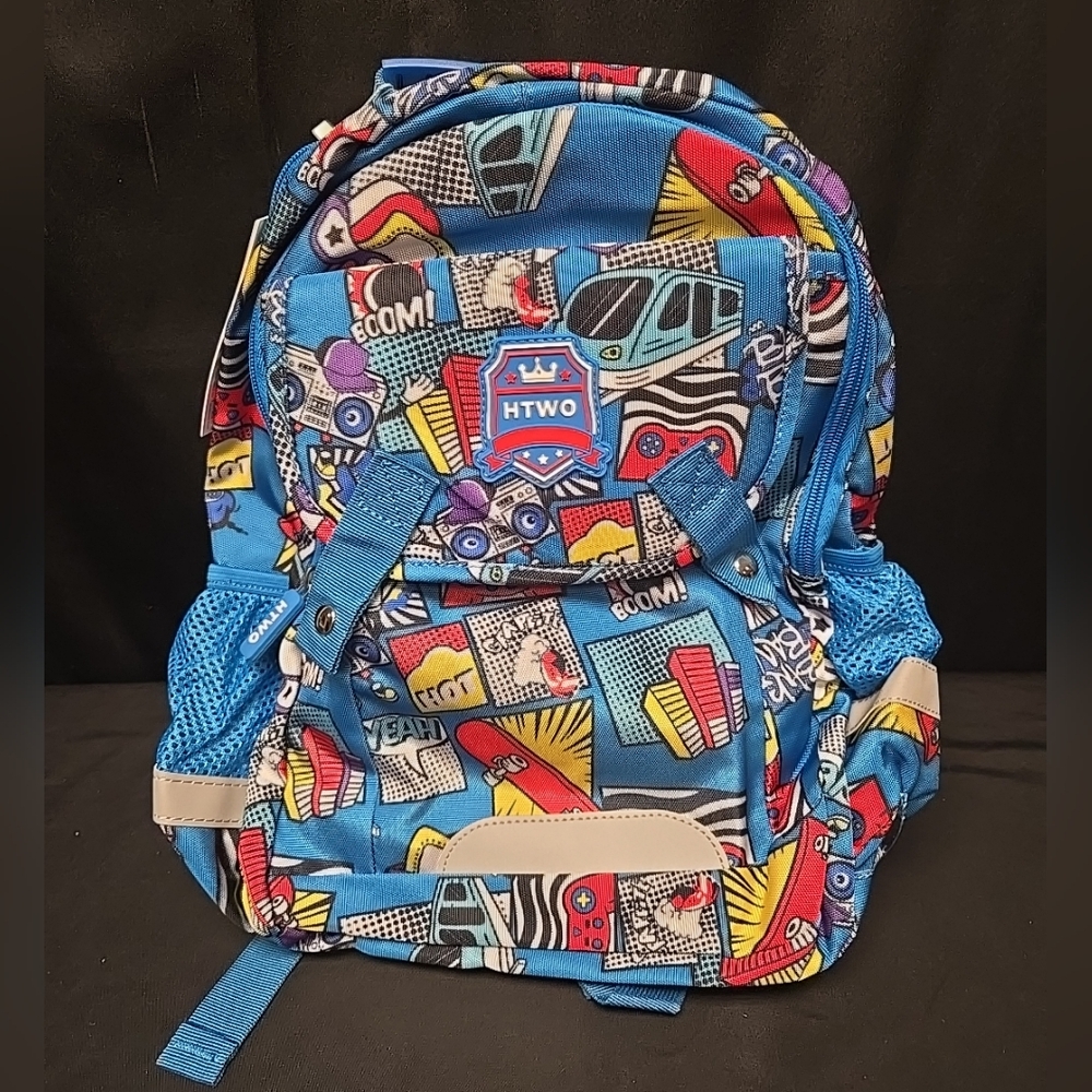 Blue Printed Backpack 10" Wide 15" Tall Double Secure Straps & Pockets